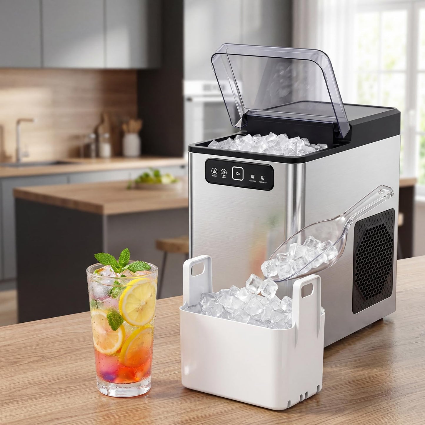 MOMOKOVA Nugget Ice Maker Countertop,Pellet Ice Machine Chewable Ice 40Lbs/Day,Ready in 5 Mins, Self-Cleaning,Compact Crushed Ice Maker with Scoop for Home/Kitchen/Office, Stainless Steel