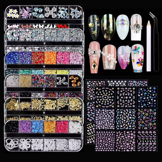 6 Box Nail Charms and Gems, Fruit Bow Hawaii Flowers Petals 3D Nail Art Charms and Flower Nail Art Stickers, Charms Y2K for Nails, Colorful Bubble Beads Nail Rhinestones