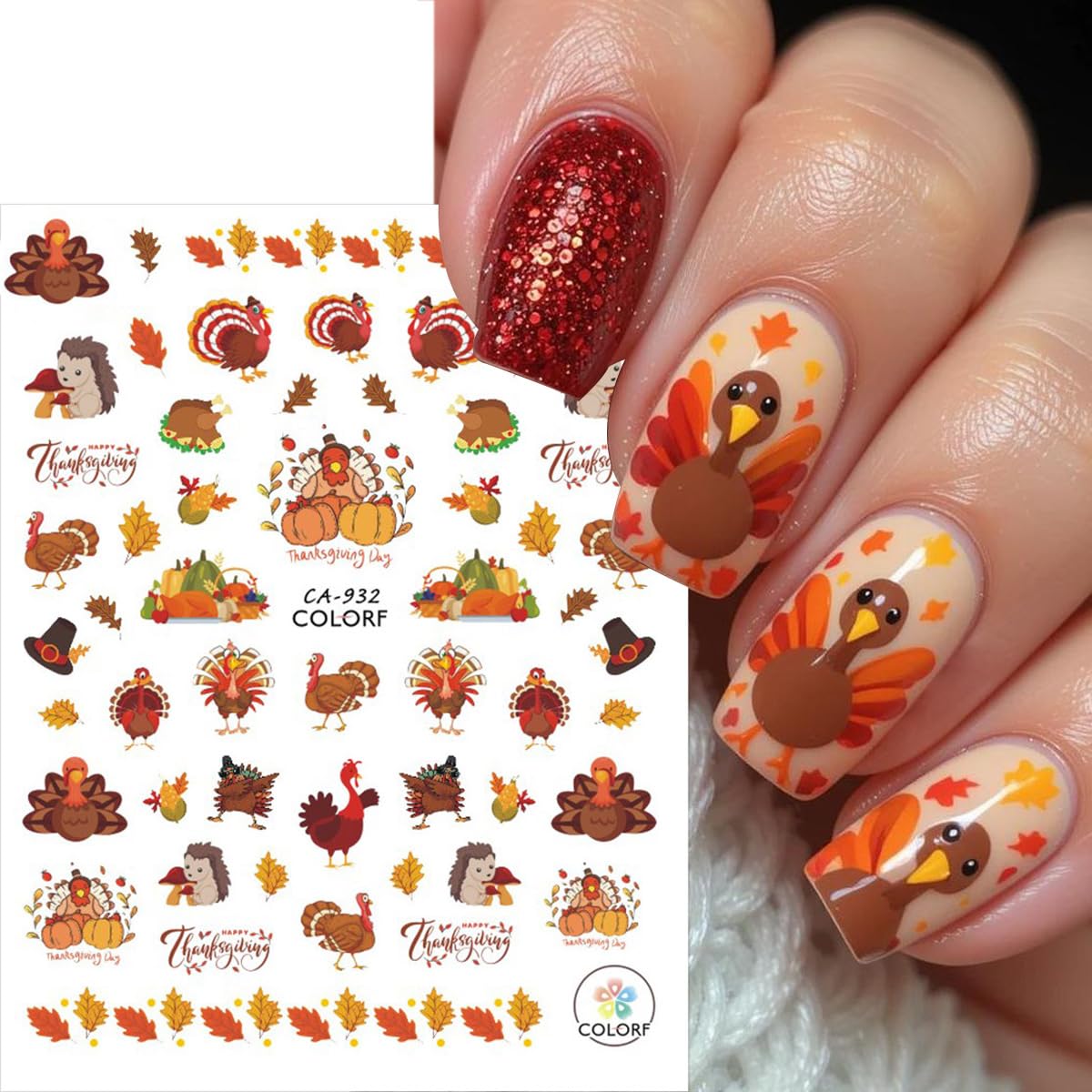 6 Sheets Fall Nail Stickers for Nail Art 3D Cute Turkey Pumpkin Nail Art Stickers Autumn Maple Leaf Sunflower Design Thanksgiving Nail Decals Nail Art Supplies for Women Acrylic Manicure Decoration