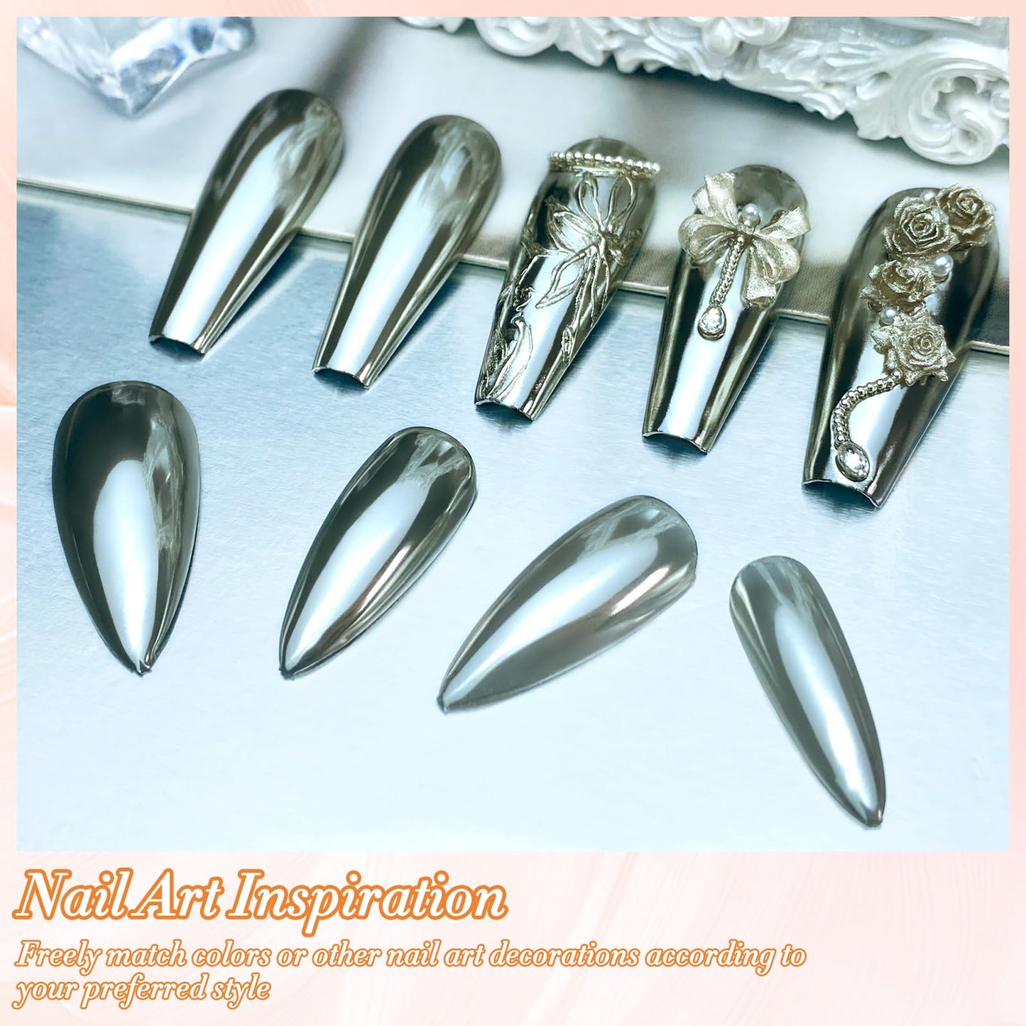 FNNZ Chrome Nail Powder, Champagne Silver Metallic Nail Powder Pigment Premium Mirror Effect Salon Nail Art Glitter Dust for Gel Polish Decoration Home DIY Nail Manicure Supplies