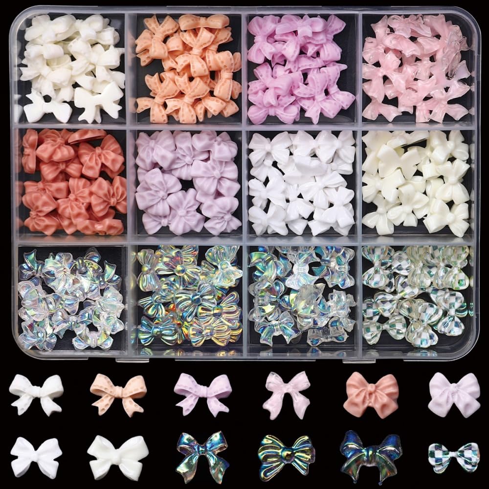 Bow Nail Charms 3D Resin Pink White Nail Gems Cute AB Crystal Bowknot Nail Jewels Shiny Bowknots Nail Art Supplies for Women DIY Acrylic Nail with Tweezers 12 Grids 1 Box 12 Styles