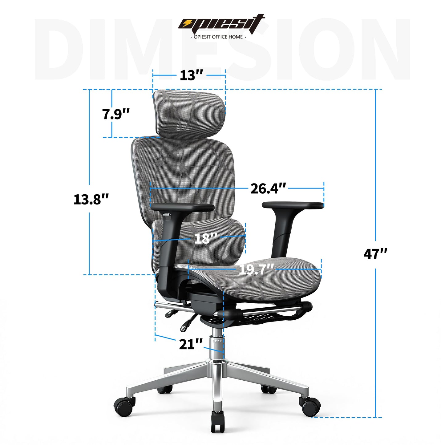 Opiesit Office Chair with 3D Adjustable Lumbar Support,Ergonomic Computer Chair,Adjustable Headrest and Armrests, 400lbs Capacity,Tilt-Swivel,Premium Mesh Desk Chair for Office,Home & Gaming (Grey)