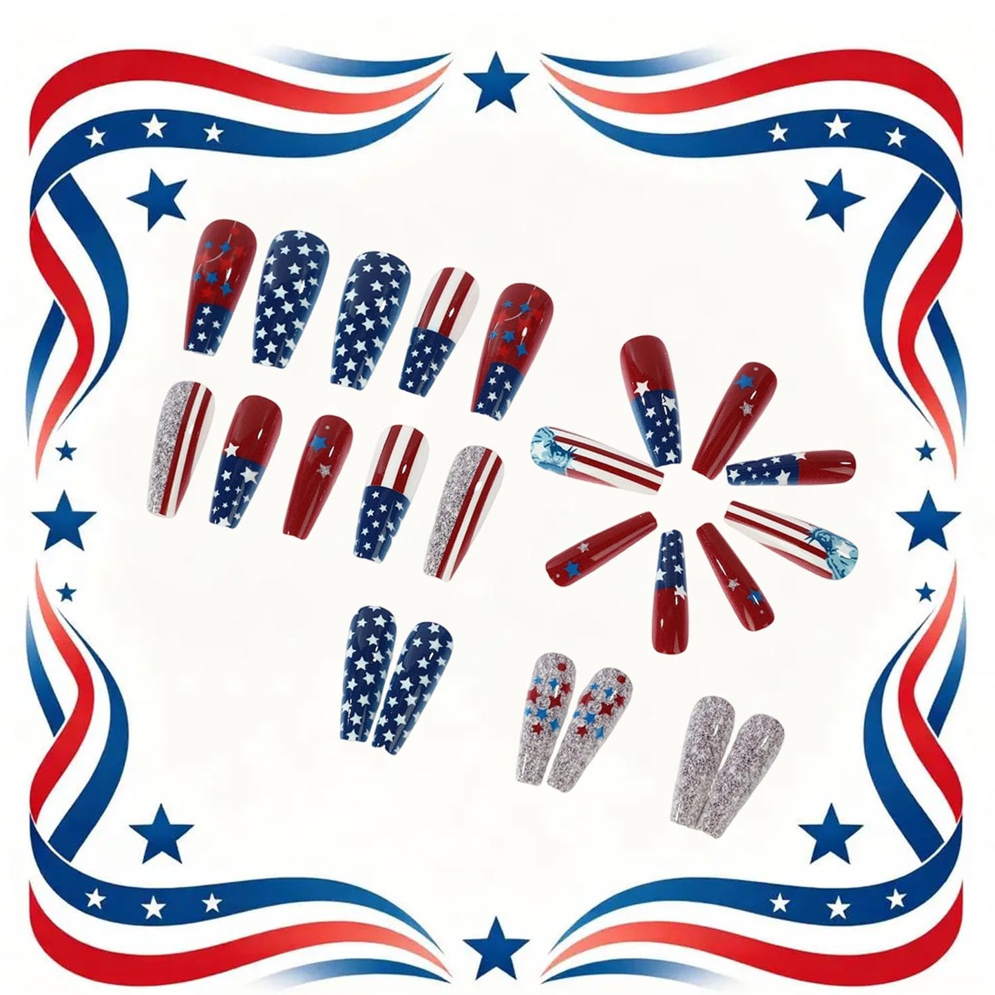 CJDLTS Independence Day Press on Nails Medium Ballet Artificial Fingernails Statue of Liberty Red White Lines with Color Stars Fake Nails 4th of July Reusable Stick on Nail for Women Holiday Manicure