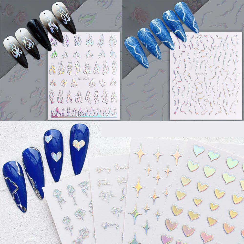 8 Sheets Butterfly Nail Art Stickers 3D Self Adhesive Nail Art Design Heart Laser Nail Sticker Holographic Glitter Butterfly Flame Laser Silver Flowers Nail Decals for Women Girls DIY Manicure Tips