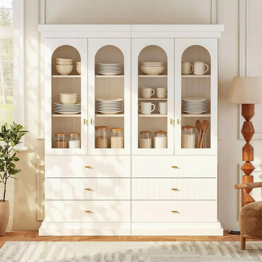Myricore 71" Arched Kitchen Cabinet, Double Glass Door Display and Storage Cabinets with Drawers, Modern Pantry for Dining Room, Living Room, White with Gold Handles, 2 of Set