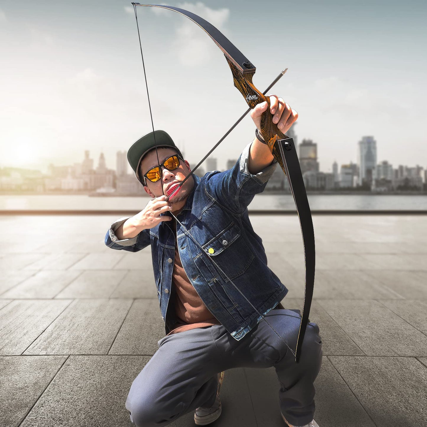 60 Inch Black Hunter Longbow 20-60 Lbs Archery Bow with Stringer Tool Right Hand Hunting Bows for Adults Outdoor Shooting Target Practice (40LBS)