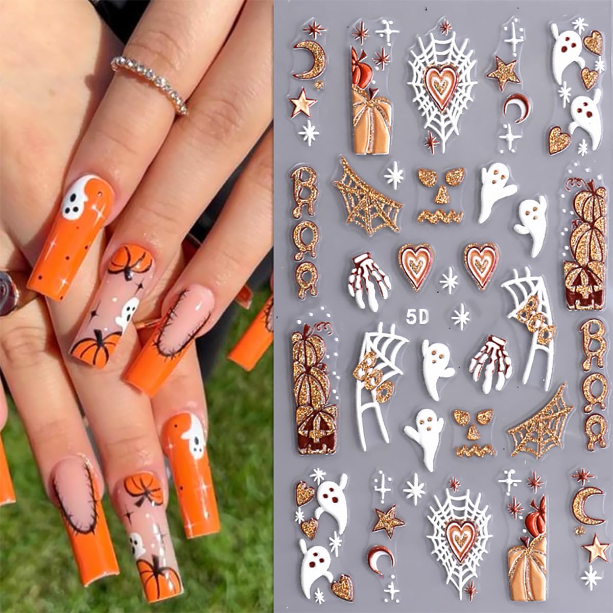 3 Sheets Halloween 5D Embossed Nail Art Stickers Cute Ghost Spider Wed Nail Decals Self Adhesive Gothic Pumpkin Skull Nail Stickers Glitter Gold Nail Design Decals Holiday Nail Decoration for Women
