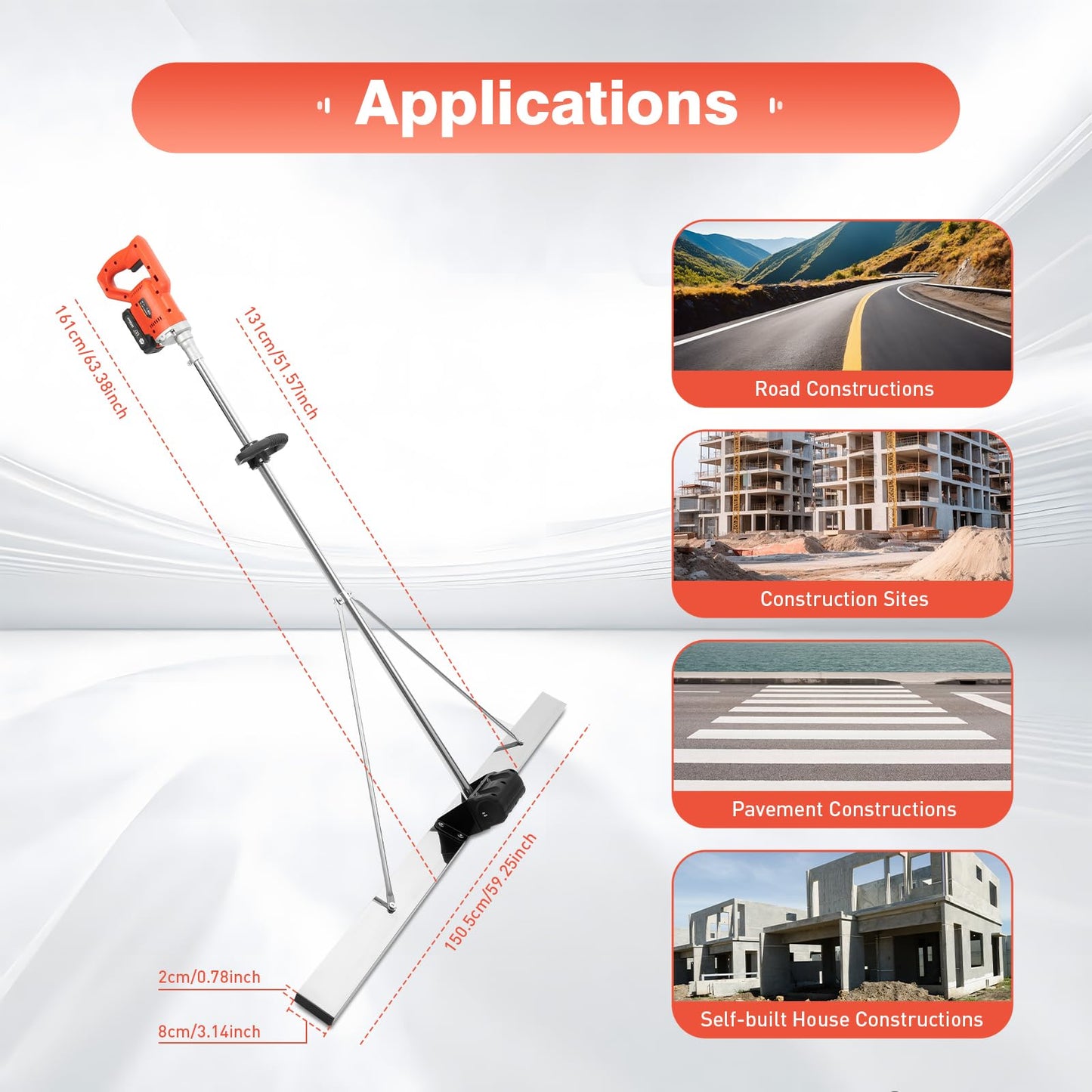 21V Electric Screed, Cordless Concrete Wet Screed, Concrete Finish Vibrating Tool, Vibrating Screed with 59 Inch Screed Blade Ruler (Ships in two packages)