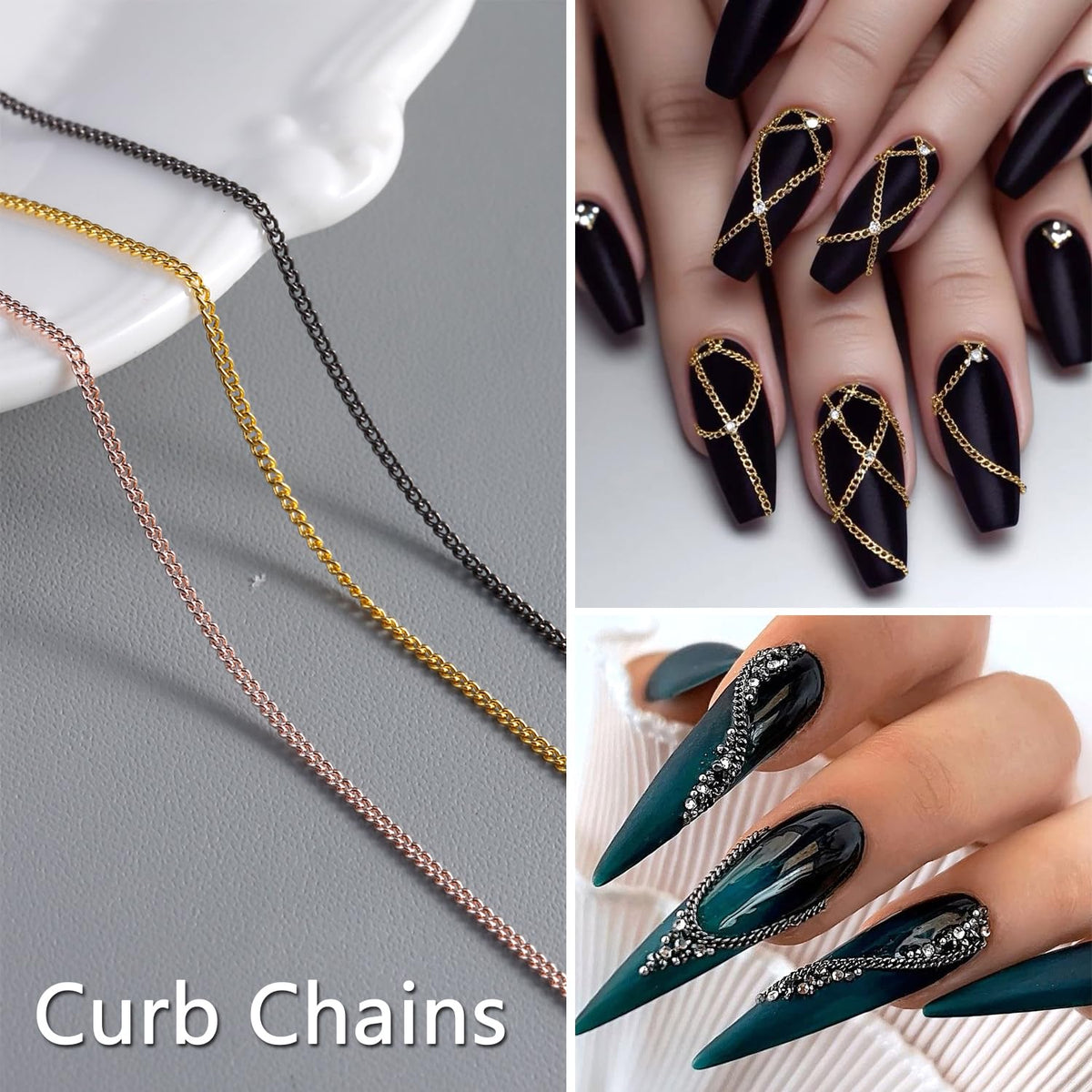 12 Strips Metal Chain Nail Art Charms, 3D Gold Silver Dark Gray Nail Chains Punk Alloy Nail Rivets Jewelry for Women Gothic Manicure Accessories DIY Crafts Decorations