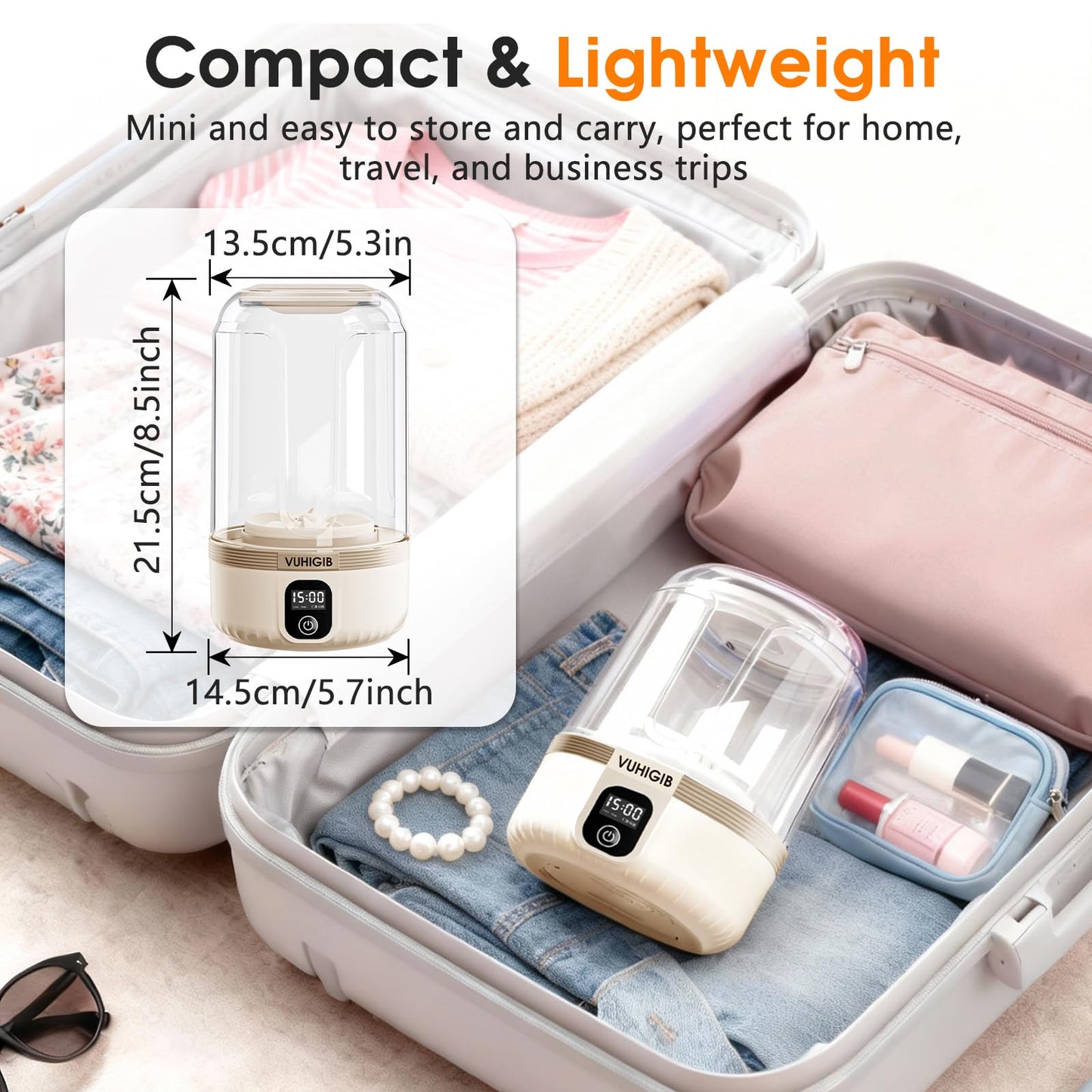 Portable Washing Machine, 7000mAh Rechargeable Wireless Washer with 10 PCS Clothespins Deep Cleans Baby Clothes Underwear Socks Delicates 1.5L Mini Washer for Travel Camping Dorm RV Apartment (Khaki)