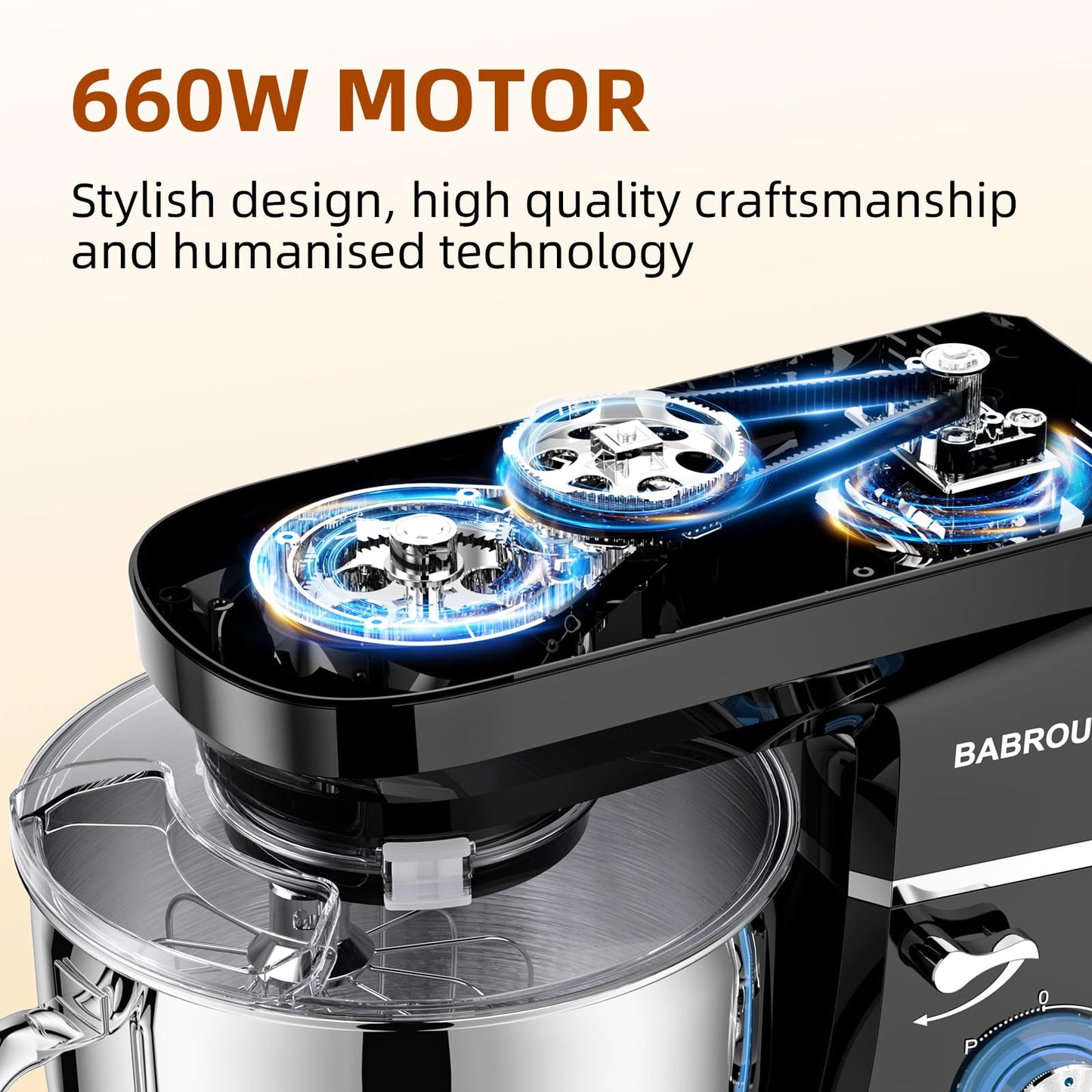 Babroun Dough Mixer 8.45 QT Electric Mixer - 660W 6 Speed Large Capacity Kitchen Stand Mixer with Whisk Dough Hook Mixing Beater Household Food Mixer for Baking Cakes Cookie Bread Salad