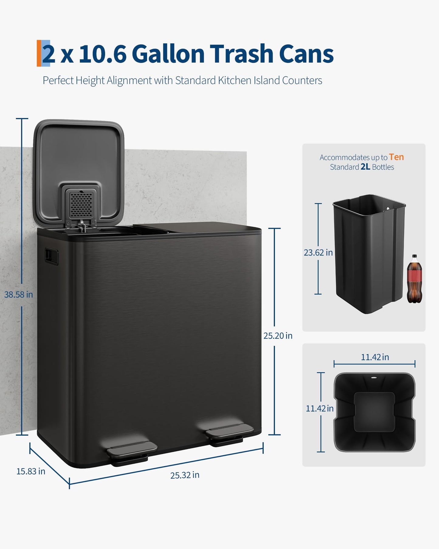 Garvee Trash Can, 2 x 10.6 gal (2 x 40 L) Garbage Can for Kitchen Dual Compartment Recycling Kitchen Step Trash Bin, Stainless Steel Trash and Recycle Bin Combo with Soft-Close Lid,Black