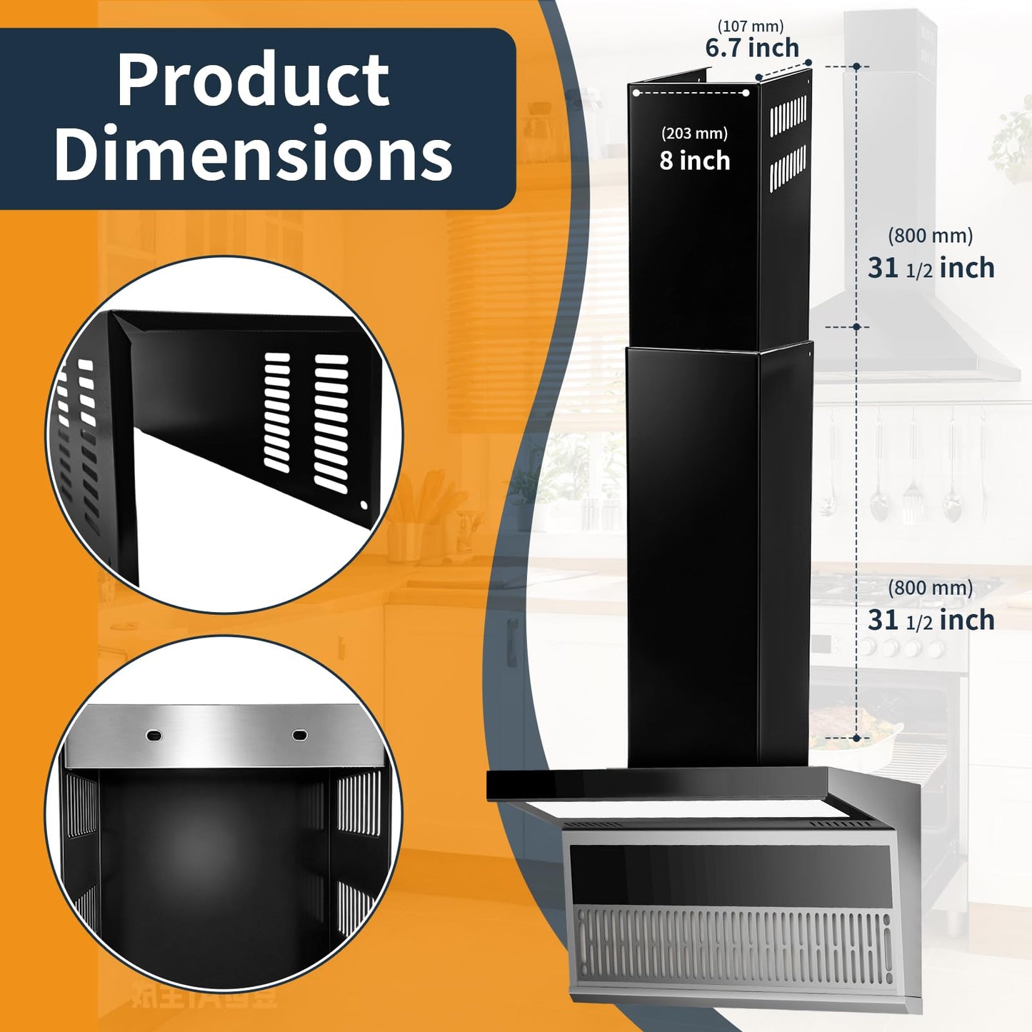 Wall-Mount Range Hood Extension Cover, Adjustable Vent Extender 31.5"–63", Universal Range Hood Cover for Kitchen & Microwave Hood Extensions
