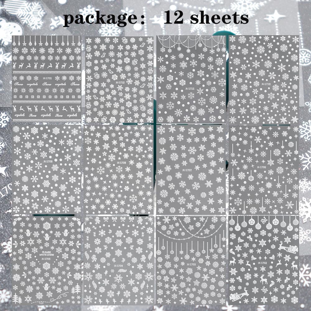 12 Sheets Snowflake Nail Stickers for Nail Art, 1000 Pcs 3D Self-Adhesive White Star Trees Nail Decals, Deer Elk Nail Supplies Nail Art Designs Accessories for Women and Girls Manicure DIY Decoration
