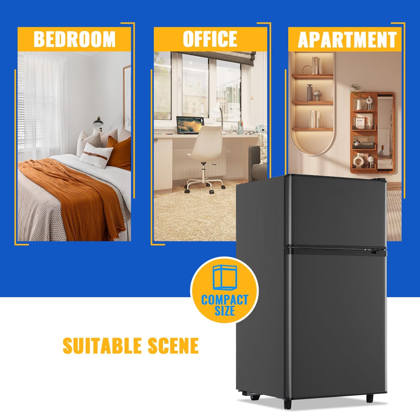 WANAI 3.5 Cu.Ft Mini Fridge With Freezer Freestanding Refrigerator with Freezer,7 Level Adjustable Thermostat Removable Shelves Small Refrigerator for Office Dorm Apartment Grey