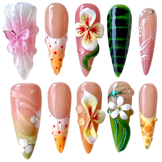 3D Floral Press On Nails – Handmade Stiletto Fake Nails with Butterfly, Gradient Ombre & Nail Art Design – Spring Summer Thick Acrylic Nail Set Tendril (S)