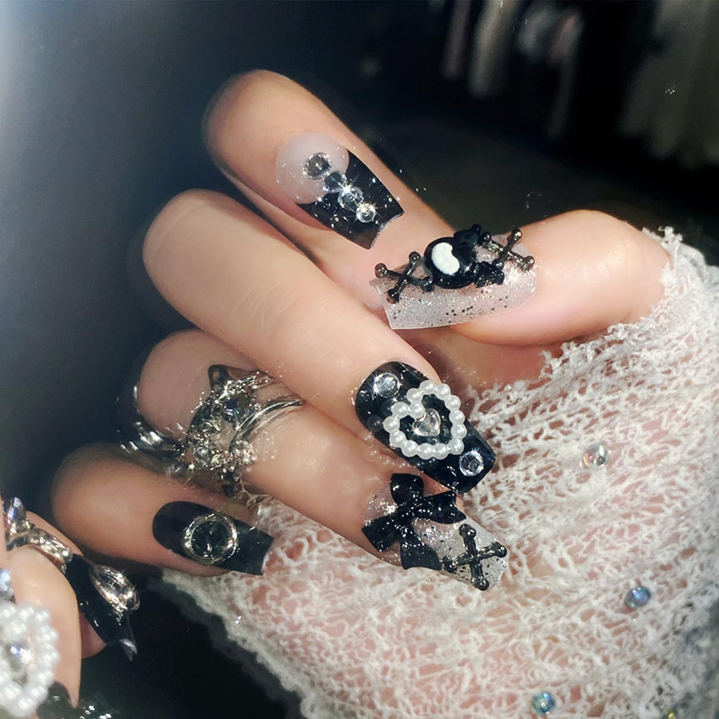 IMSOHOT Black Press on Nails Medium Coffin Fake Nails French Glossy Full Cover Y2K Bow & Rhinestone Designs Handmade Artificial Stick on Ballerina Nails for Women Girls 24Pcs