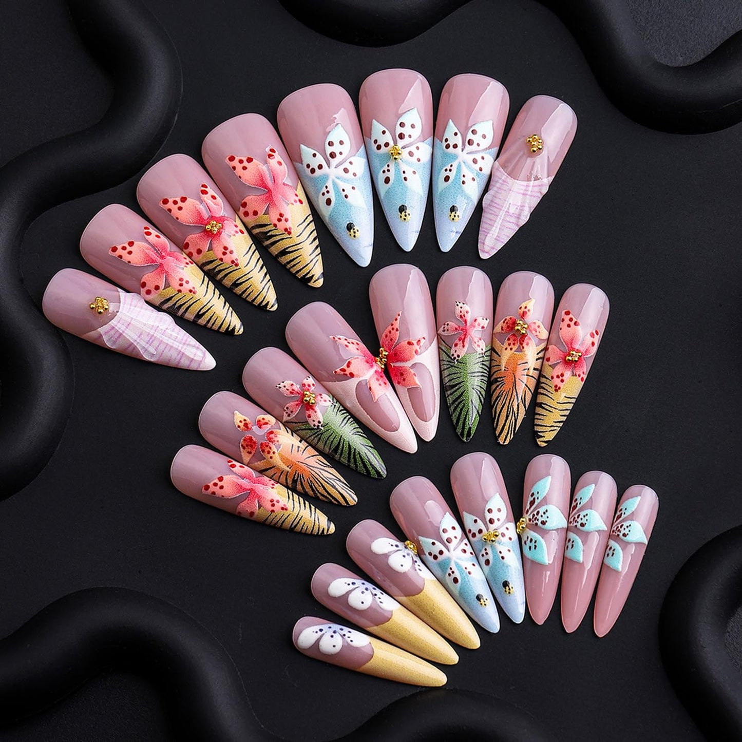 Colorful Flower Press on Nails Long Artificial Acrylic Fake Nails French Leopard Print Gradient 3D Floral Reusable Almond Coffin Stick on Nail Full Cover Gold Beads Artificial Fingernails for Women