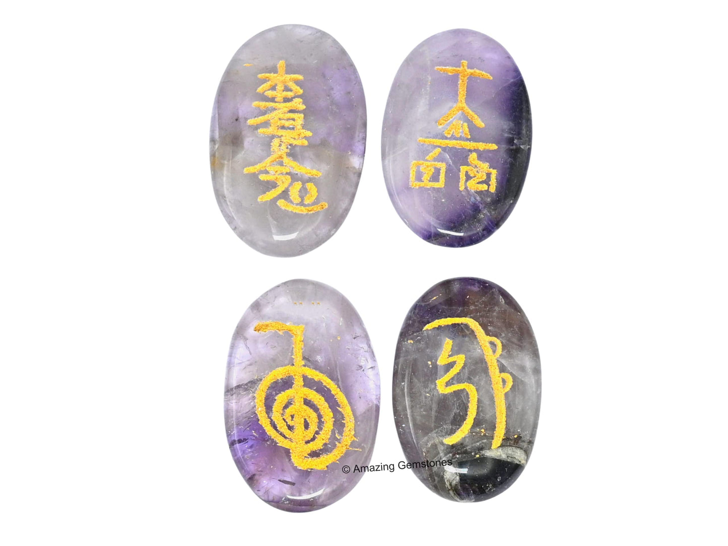 Amazing Gemstone Amethyst Crystal Reiki Stones with Engraved Symbols for Usui Reiki Healing, Set of 4 Pcs (Indian Handmade Reiki Gift Set)