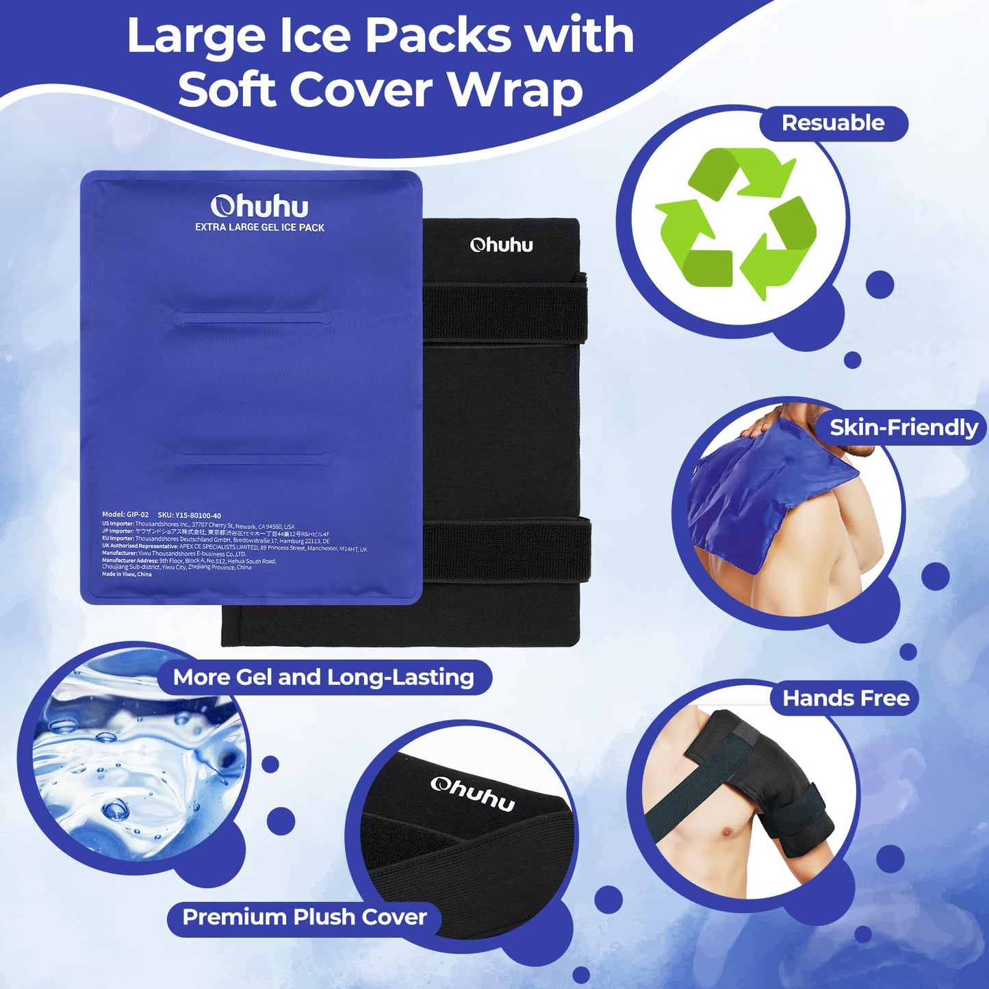 Ice Packs for Injuries 14" X 11"": Ohuhu 2 Pack Hot Cold Gel Ice Pack X-Large Reusable Ice Packs with Wrap Flexible Pain Relief for Shoulder Legs Knee Back Hip Aches Injury Muscle Pain-Blue"