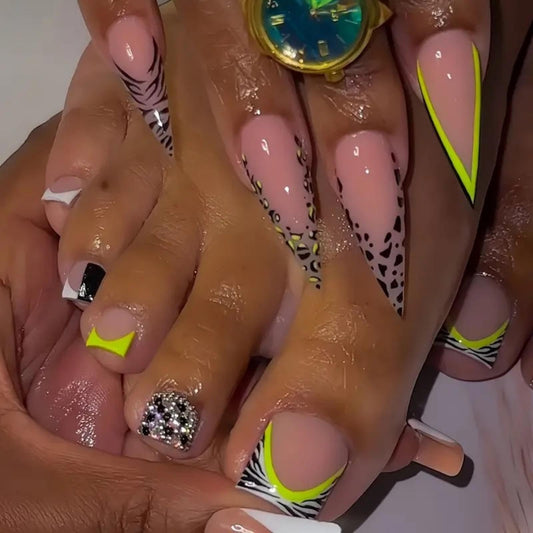 Leopard French Tips Press on Nails Long Almond Fake Nails with Green Striped Design Zebra French Tips Press on Toenails Rhinestones False Toenails Short Square Fake Toenails for Women Manicure 48Pcs