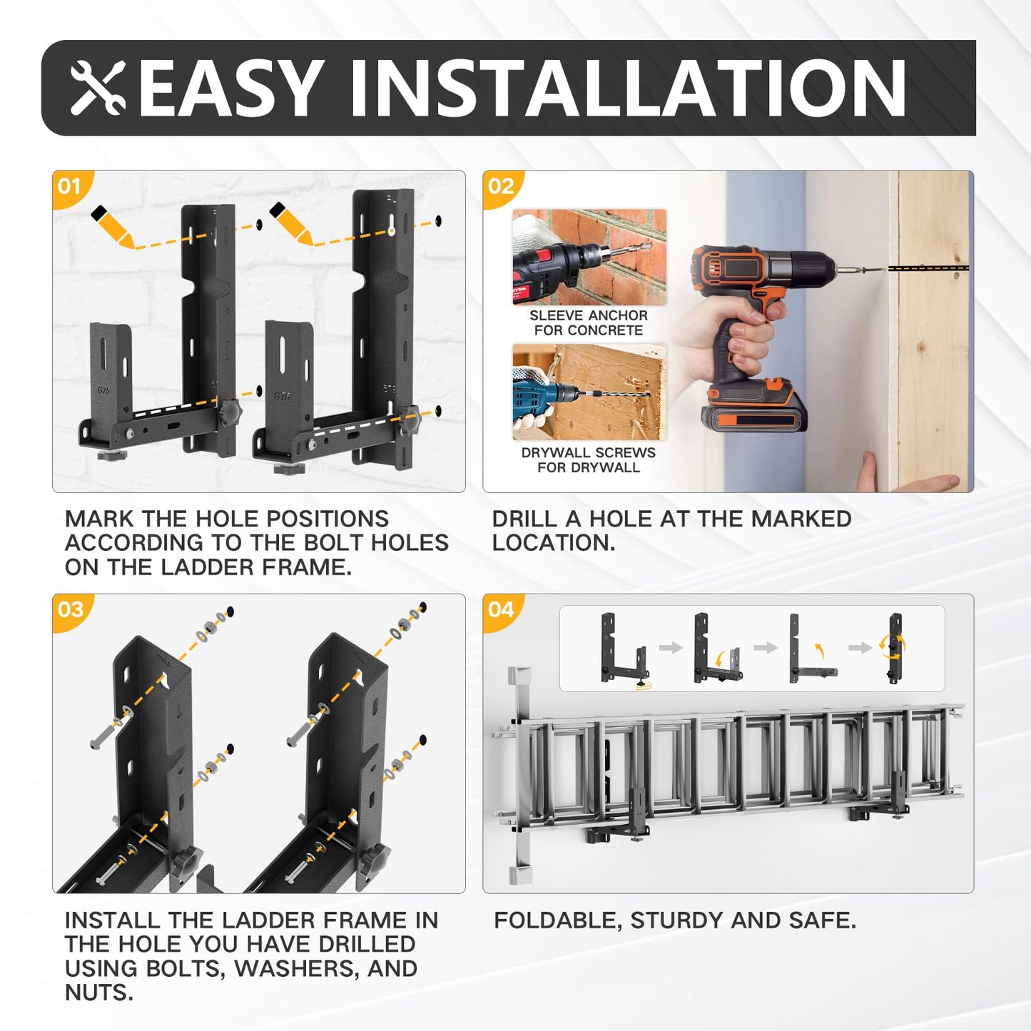 YZONA Side Mount Trailer Ladder Rack, 2PCS Foldable Heavy Duty Steel Racks with 2 straps, Exterior Wall Ladder Storage Holder for Enclosed Trailers, 350 LBS Capacity, Drilling Required