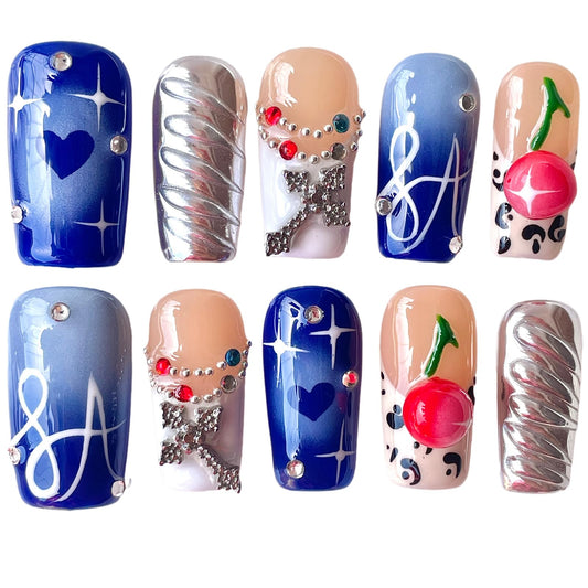 Handmade Press On Nails, Short Square Blue Nude with 3D Cherry, Rhinestone Chrome Acrylic, Reusable Stick On Nails Rebel Symphony (M)