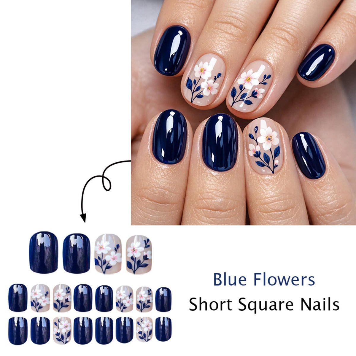 Floral Short Oval Press on Nails Soft Nude Navy Blue Base Pink White Floral Accents Glossy Finish Reusable Spring Nails Easy Apply Fashion Party Wear Durable Trendy Women Girls Nail Art 24 Pcs