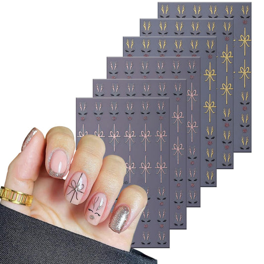 CJDLTS 6 Sheets Christmas Bow Cute Elk Nail Art Stickers Winter Holographic 3D Self -Adhesive Gold and Rose Gold Christmas Day Elk Bow Nails Decals Decoration for Women Xmas DIY Manicure