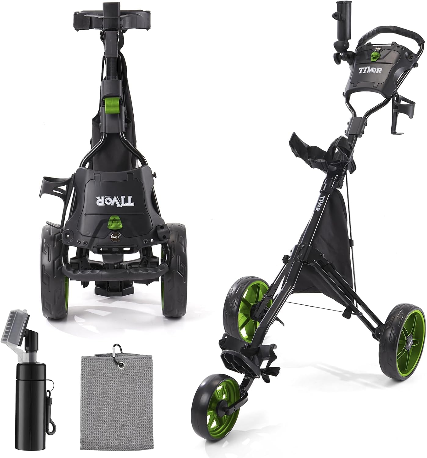 3 Wheel Golf Push Cart,Lightweight Golf Pull Cart with Quad-Fold Frame,and Cleaning Kit Golf,Cooler Bag,Cup/Phone/Umbrella Holder Compact Golf cart-green