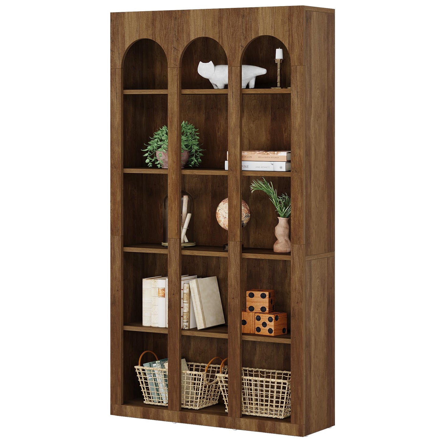 Tribesigns 5-Tier Farmhouse Arched Bookshelf, 70.87-Inch Mid Century Modern Arched Bookcase with Open Shelves, Tall Book Shelf Vintage Display Storage Shelving Unit for Home Office, Rustic Brown