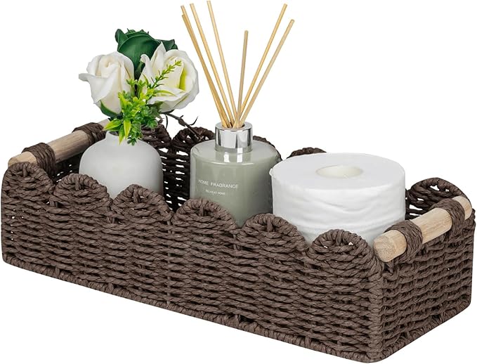 CubesLand Paper Rope Scalloped Edge Shelves Storage Basket, Woven Toilet Paper Baskets for Over Toilet Storage Shelf, Ending Table, Floating Shelves Organizing or Home DÃÂ©cor, with Wood Handle, Brown