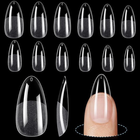 TOMICCA Medium Almond Nail Tips 240Pcs, 15 Sizes Full Cover Half Matte Pre-shapded Clear Gel Nails Wide Nail Bed Press On Nails for Home DIY Salon Beginner & Professional, Wedding Party Nails