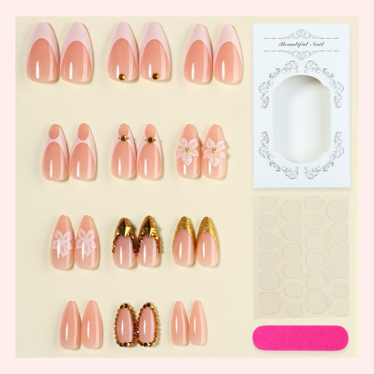 Almond Press on Nails Medium Fake Nails Gold Acrylic Nail Press ons Seeneey 3D Flowers Designs Gold Charm Stick on Nail for Women 24pcs