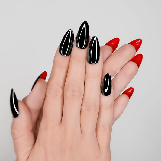 Hypnaughty 30 Pcs Revenge Almond Black Glossy Press On Nails With Bright Red Gloss Underneath & Nail Kit With Glue (Revenge Almond)