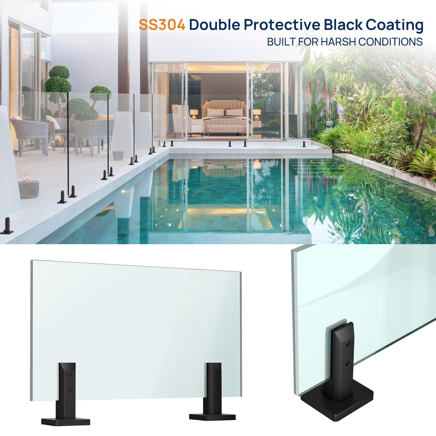 LukLoy 6 Pack NW. 2.1lb T304 Stainless Steel Glass Railing Spigot Heavy-Duty Matte Black Clamp Post Glass Railing System, No-Drill Design for Pool, Deck, Stair, Balustrade, Balcony - Level 2