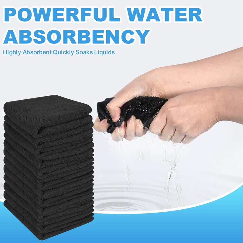 INFICRIME 12 Pack 100% Cotton Wash Cloth, 12x12 Inch Highly Absorbent and Soft Feel Fingertip Towels, Machine Washable Washcloths for Bathroom, Gym, Hotel, Spa and Kitchen, Black