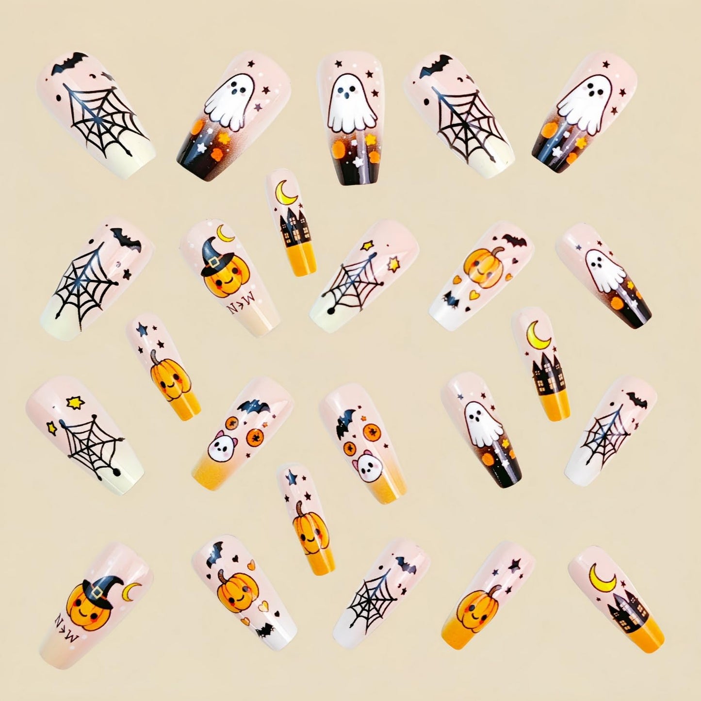 Halloween Press on Nails Full Cover Medium Coffin Fake Nails with Cute Ghost Pumpkin Stick on Nail Halloween Spider Web Bat Glue on Nail Glossy Acrylic Nails for Women Girls Manicure 24 Pcs