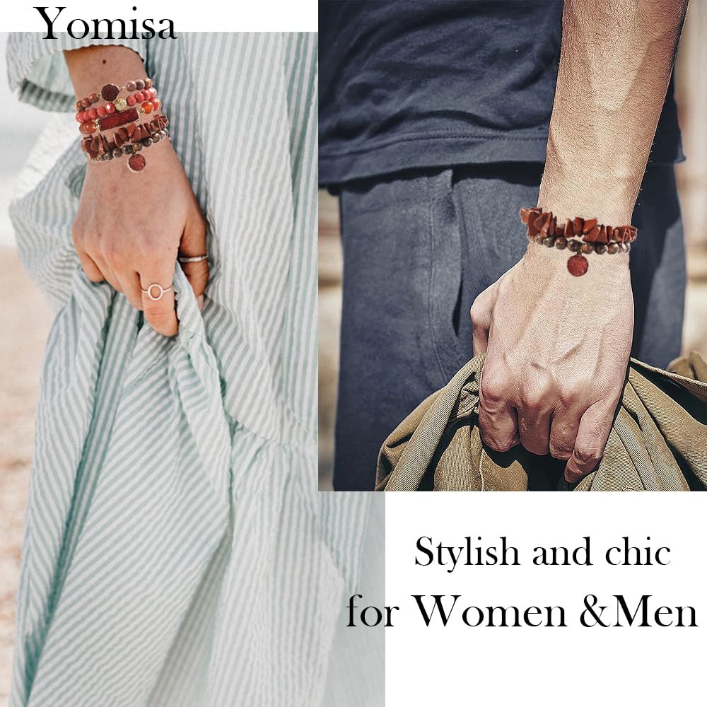 Yomisa 5PCS Natural Boho Beaded Bracelets for Women Men,Healing Turquoise Jasper Agate Crystal Gemstone Stone Diamond Chakra Multilayer Wrap Bohemian Handmade Jewelry Beads Stretch Bracelet Set