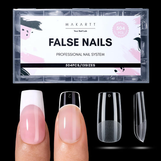 Makartt Medium Square Nail Tips: 504 PCS Pre-Etched Clear False Nails Tips Square Shapes, 13 Sizes Full Cover Half Matte Soft Acrylic Press On Nail Extensions Supplies Salon and DIY at Home