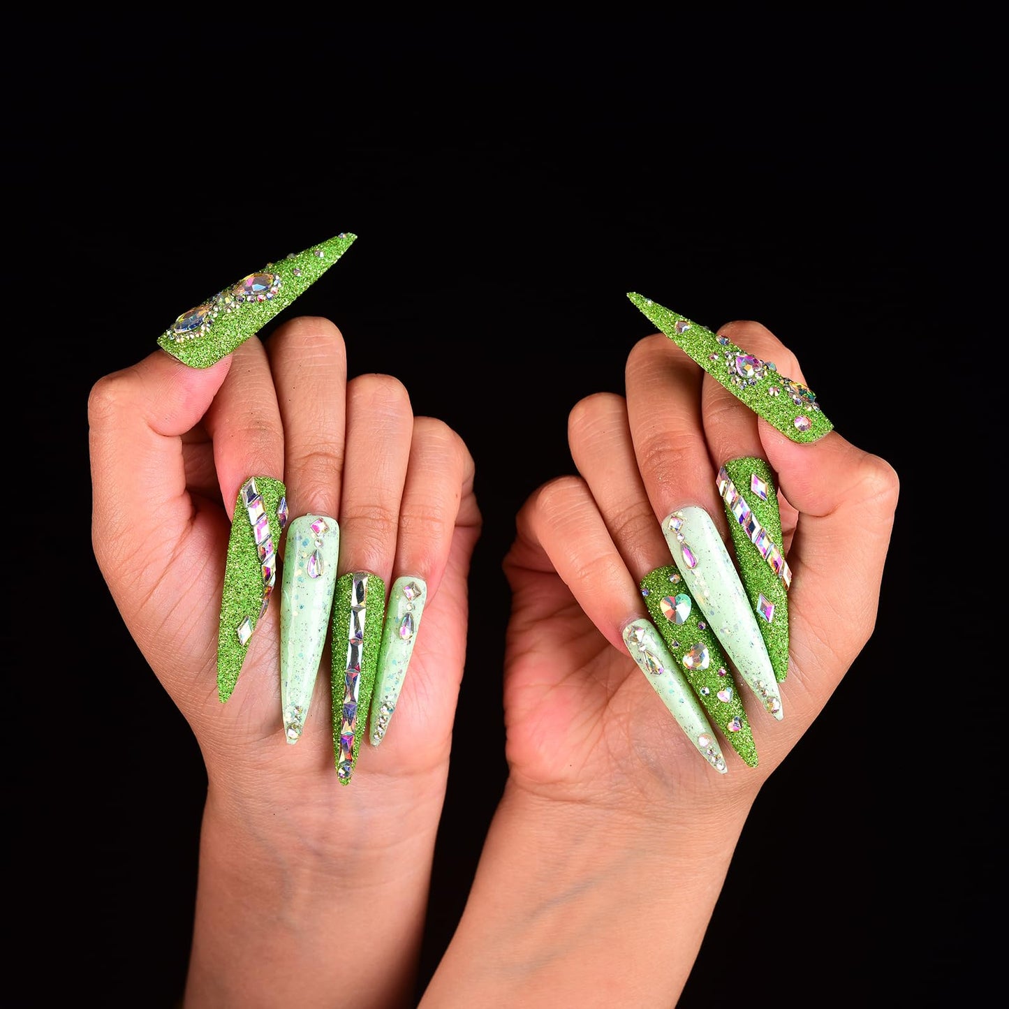 Tmani 10pc/set Extra Long Handmade Press On Nail Hot Girl's Long Ballet Nails Pointed Nail Full of Diamond Glitter Decoration Fake Nails Suitable For Girls Festival Parties and Birthday Gift（206,L)