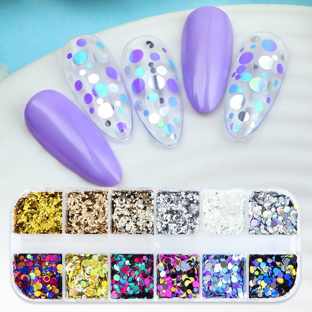 1 Box 12 Color Holographic Circle Nail Glitter Rings Nail Sequins 3D Silver Gold Nail Flakes Sparkly Glitter Flakes Shiny Nail Glitter Colorful Nail Sequins Glitter for Nails Art 12 Grids