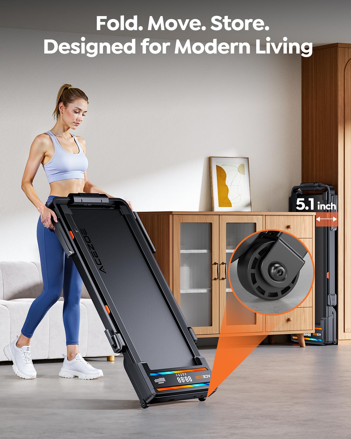 Foldable Walking Pad with 0-15% Auto Incline and Handle Bar, Under Desk Treadmill with 300LBS Weight Capacity, 3.0HP Quiet Treadmills for Home with Speaker, APP & Remote Control-Black Orange