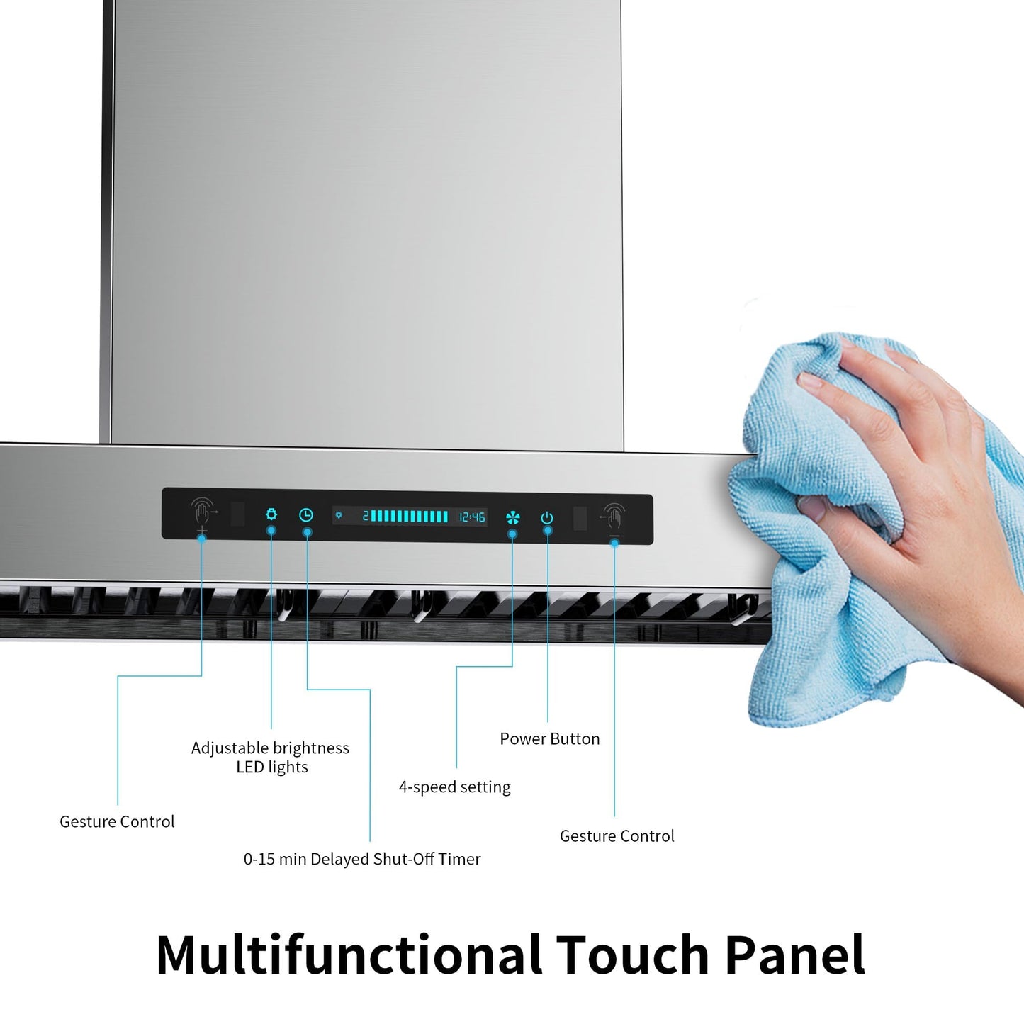 IKTCH 36 Inch Wall Mount Range Hood with 1200 CFM, 4-Speed Fan, Ducted Range Hood, Gesture Sensing & Touch Control, Durable Stainless Steel IKP01-36