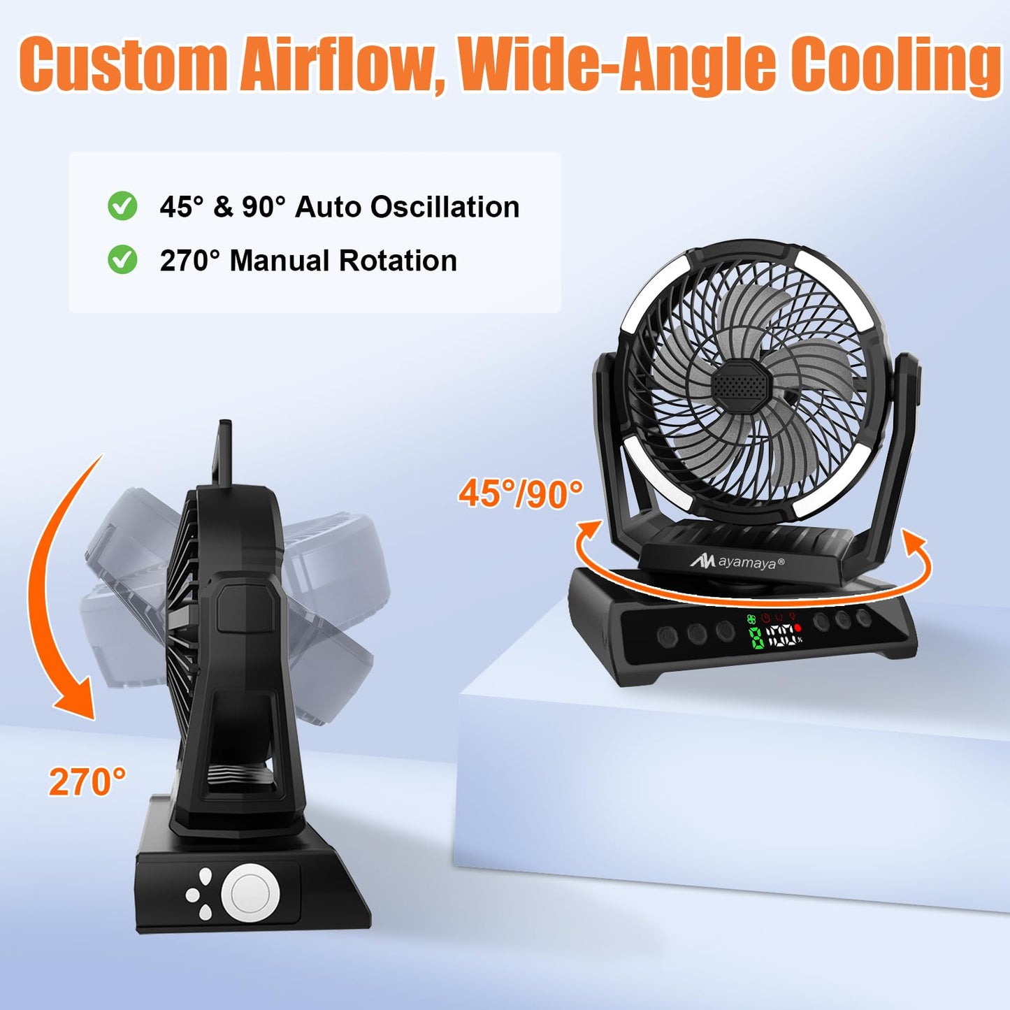 AYAMAYA Camping Fan + Air Mattress, 9 Speeds Battery Powered Fans with Digital Display, 6-6.5ft Full Size Truck Bed with Cordless Pump for Outdoor Camping, Road Trip