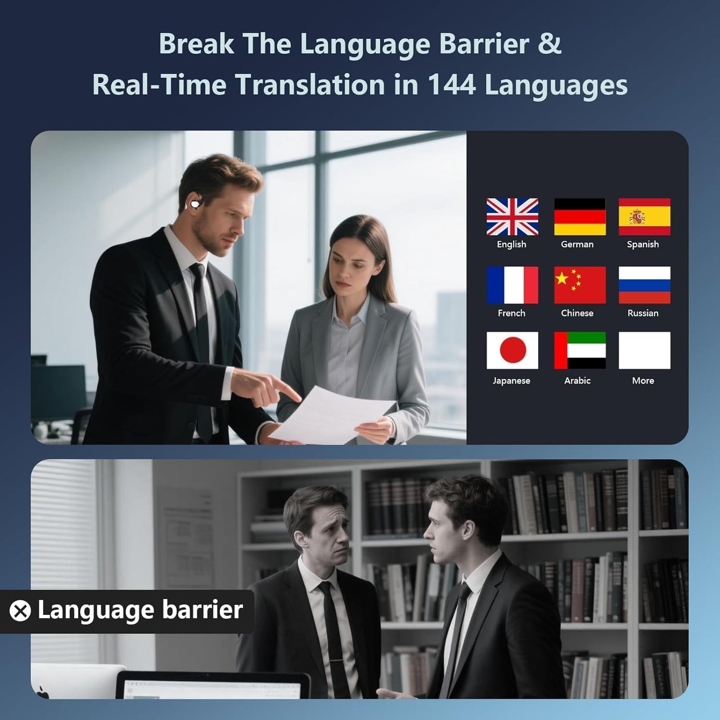AI Translation Earbuds Real Time 164 Languages 80H Playtime Translator Ear Buds Audifonos Traductores Inglés Español Wireless Earphones Bluetooth Headphones for Travel Business Meeting Learning Black