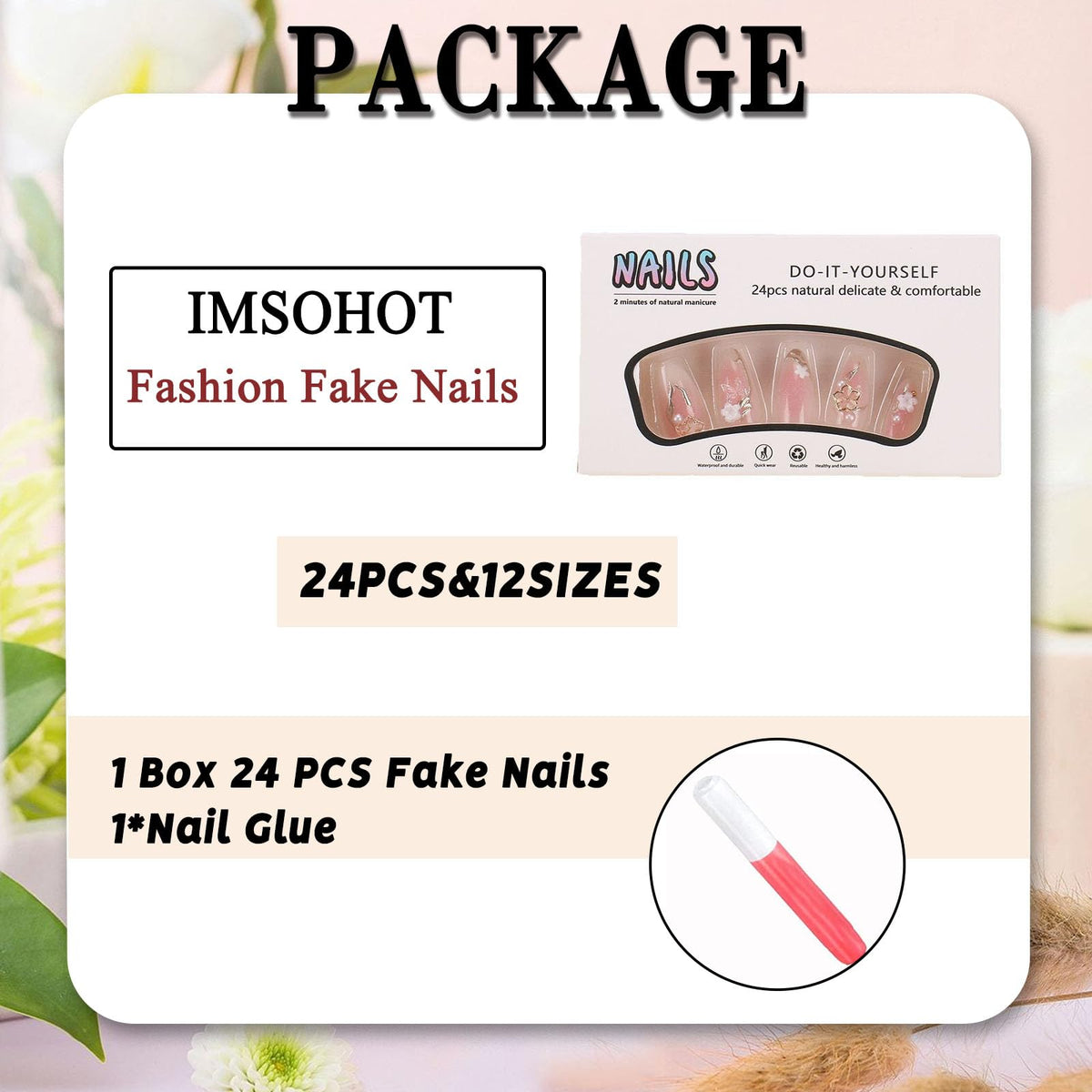 IMSOHOT Press on Nails Medium Almond Fake Nails Pink Ombre Glossy Glue on Nails Full Cover 3D Golden Flower Stick on False Nails for Women Girls 24Pcs