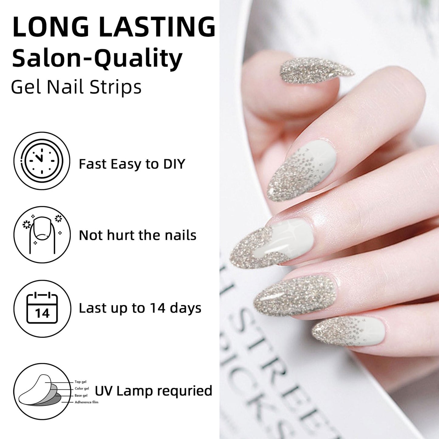 DUKASOU Semi Cured Gel Nail Strips,28 pcs Sparkling Gold Gel Nail Stickers with UV Light Required,French Full Over Wraps Nail Art Stickers, Easy to Apply（French Gold）