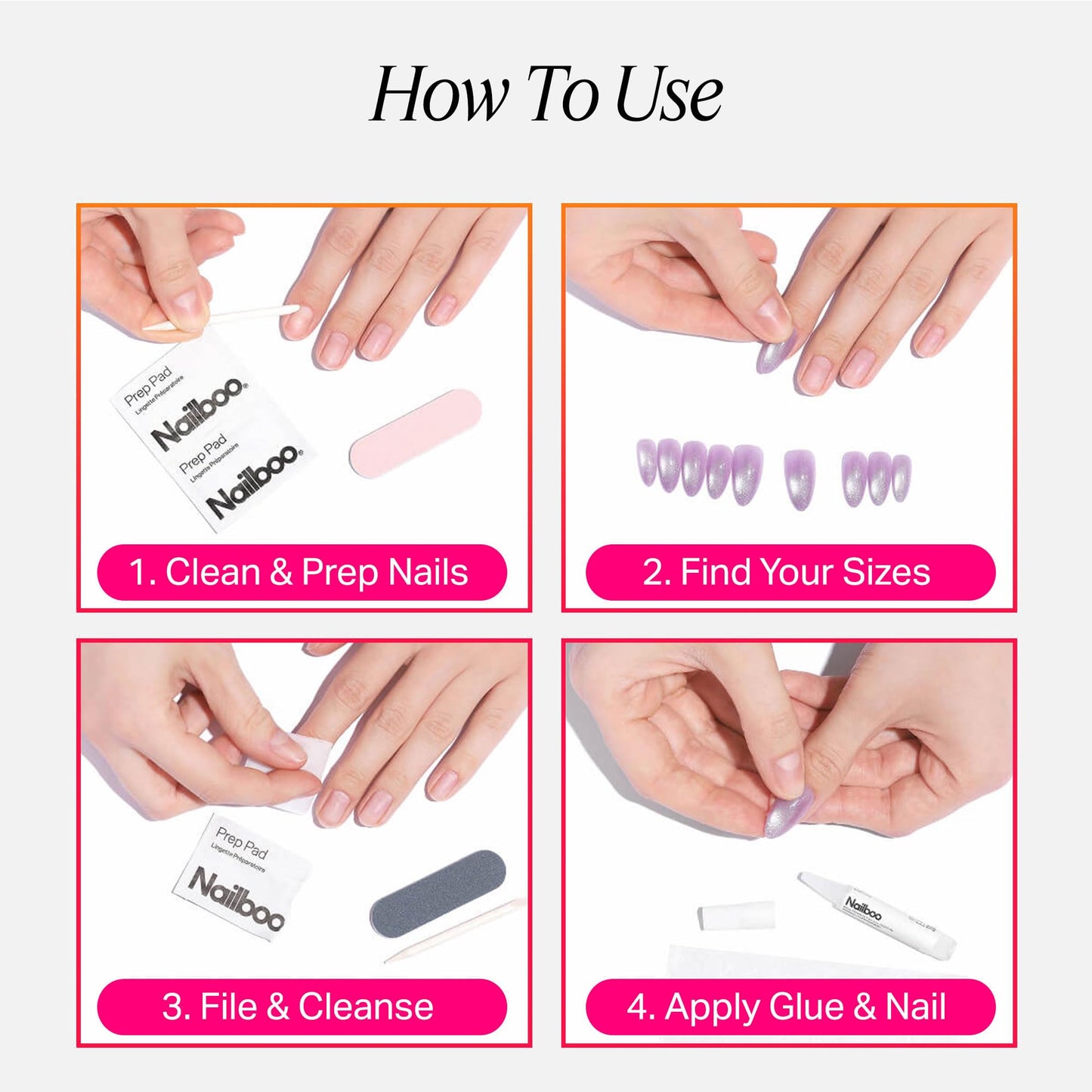 Nailboo Press On Nails, Salon-Quality Reusable Fake Nails for Fast DIY Manicure with Strong Hold Nail Glue for Press Ons, Nail File, & Alcohol Prep Pads, Frenchie
