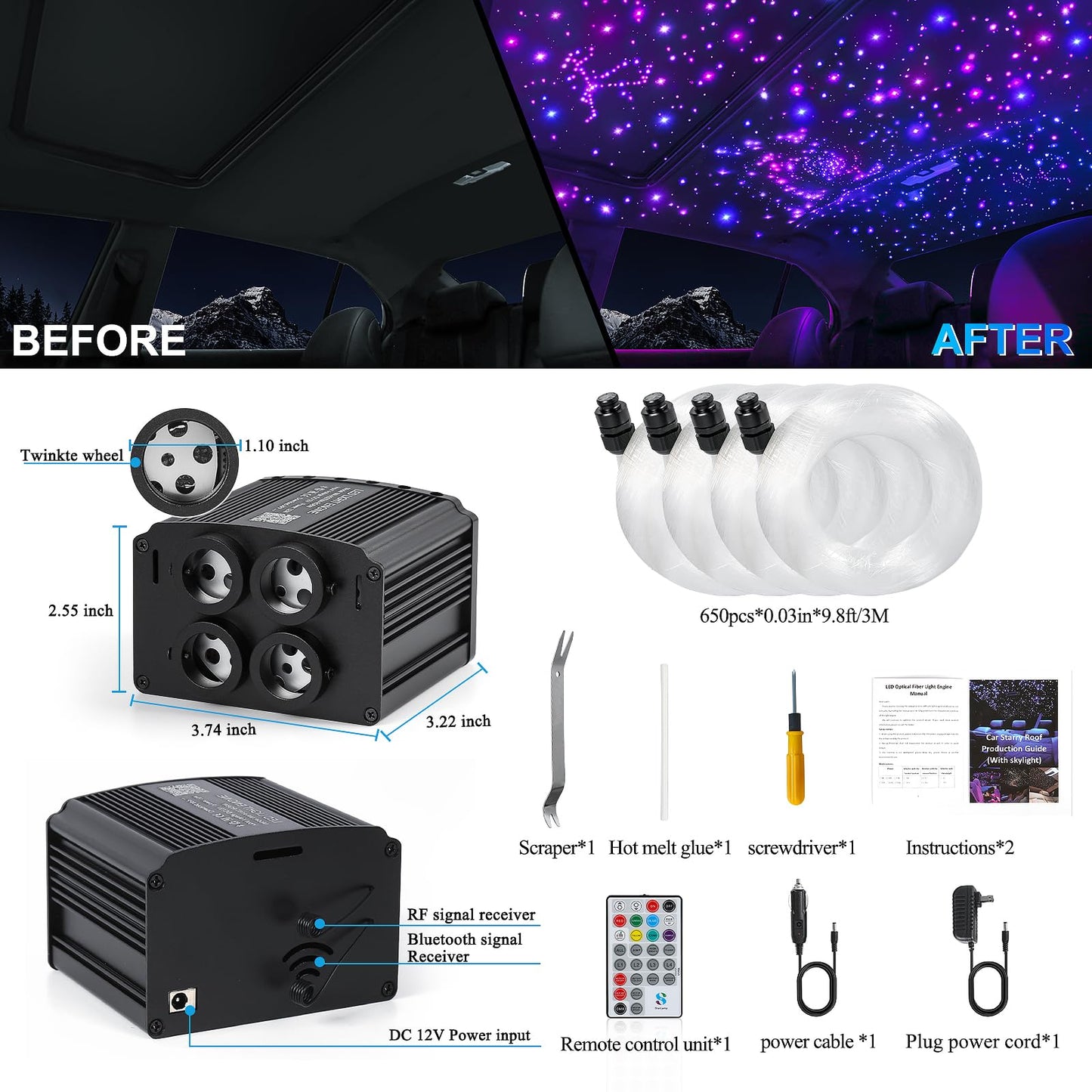 4 Colors 32W Twinkle Starlight Headliner Kit for Car Home with APP&RF Remote,RGBW 650pcs*0.03in*13.1ft Cables Fiber Optic Star Sky Roof Lights,4 Port Engine Sound Activated Ceiling Star Lights for Car